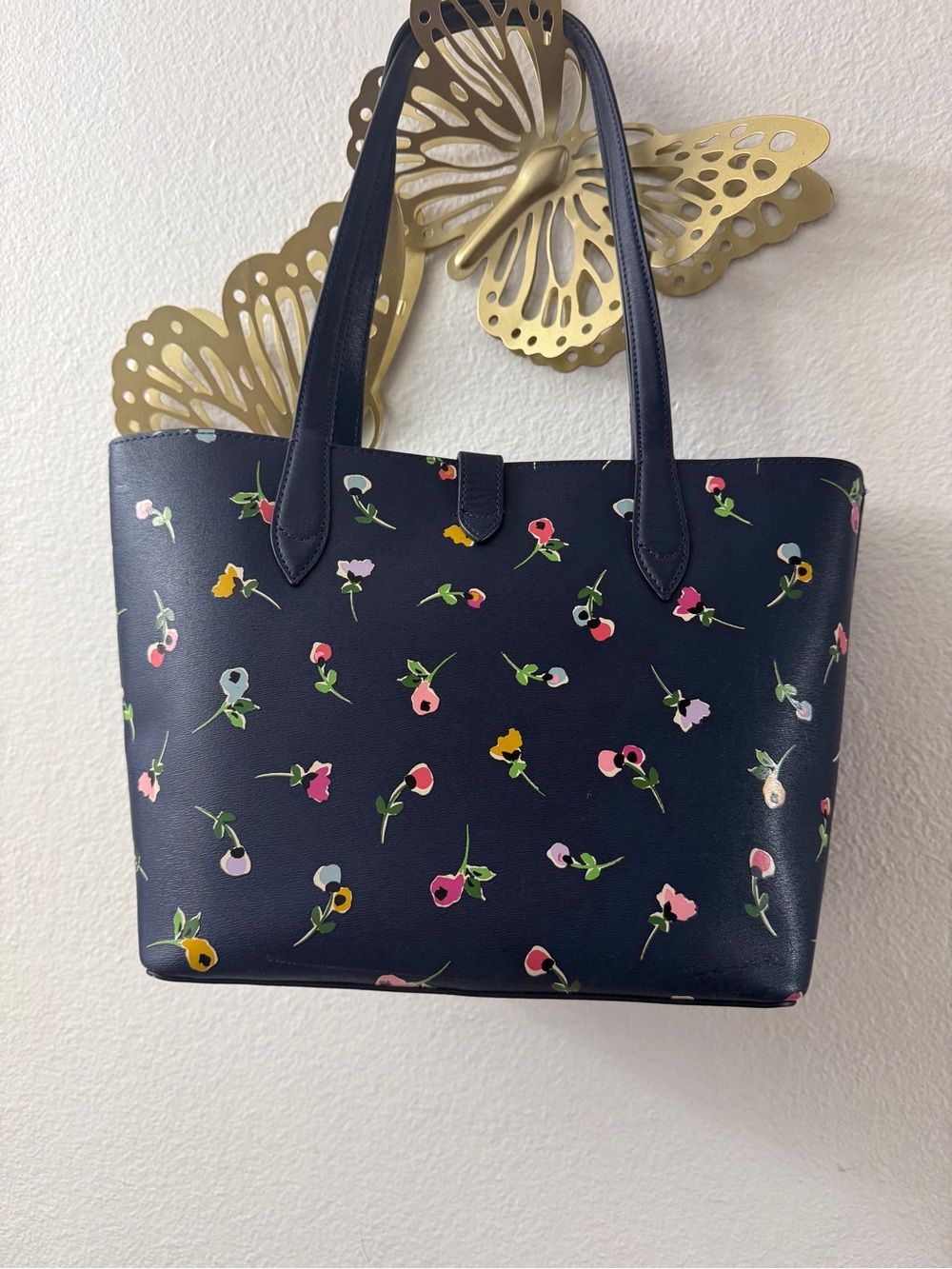 kate spade Navy Floral Small Tote with Pink Flower Snap - Picture 6 of 6